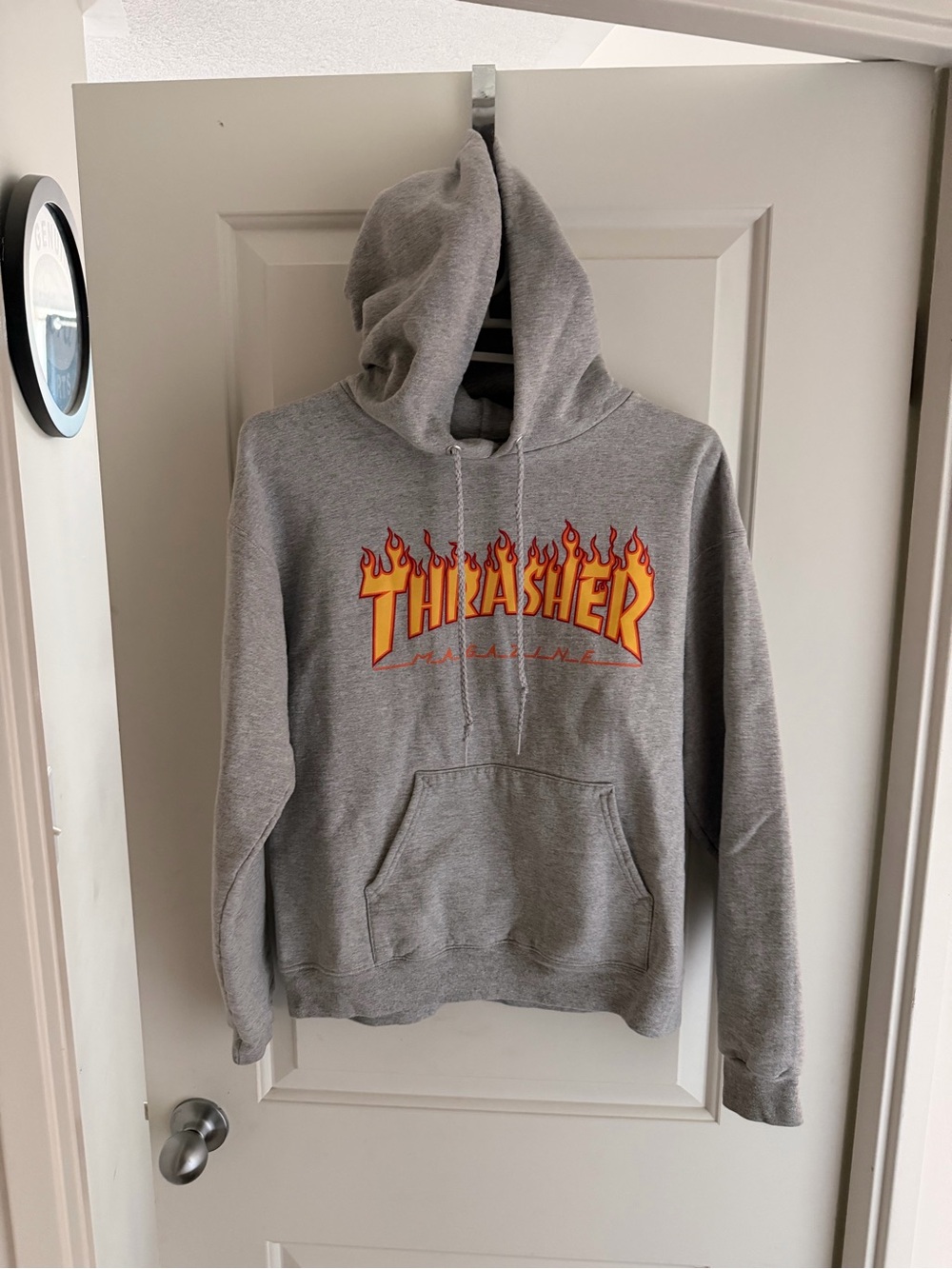 Small Thrasher Grey Hoodie with Flame Logo